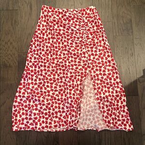 NWT Meave Mel Ruched side slit midi skirt in Red Poppyseed pattern Sz MP